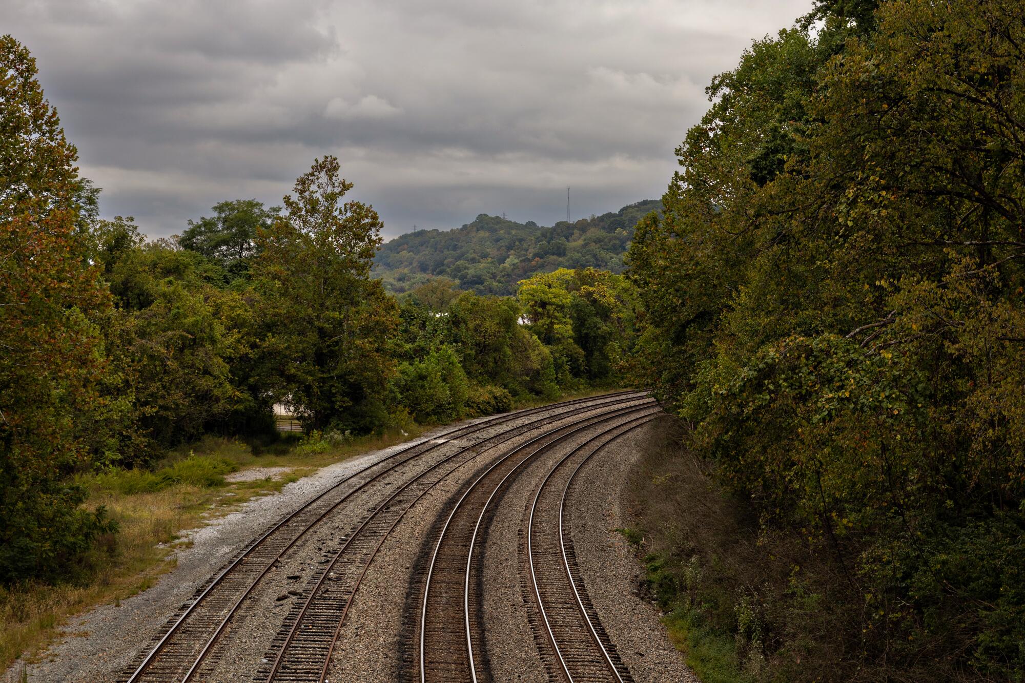 Rows of railroad track wind their way through the town of Huntington, West Virginia.