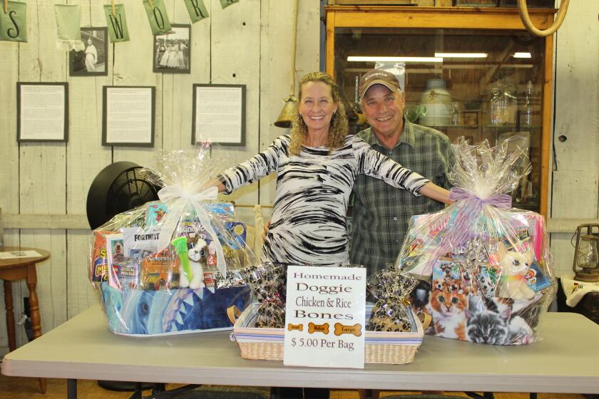 Ramona Kiwanians Jeanne and Pat Bell stand by the dog treats and gift baskets Jeanne made for the Bow Wow Pow Wow on Sept. 16. The dog treats come in small, medium and large. One of the baskets is geared toward a girl and the other a boy.
