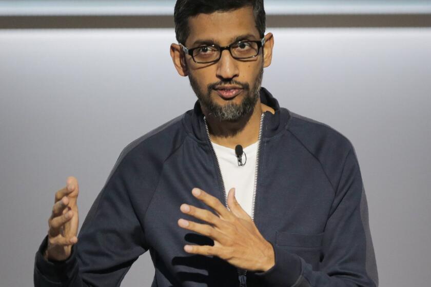 (FILES) In this file photo taken on October 4, 2017, Sundar Pichai, chief executive officer of Google Inc., speaks about Google's improvements in Artificial Intelligence and machine learning during a product launch event at the SFJAZZ Center in San Francisco, California. - Pichai on November 8, 2018, outlined changes to how the internet giant handles sexual harassment complaints, hoping to calm outrage that triggered a worldwide walkout of workers last week. "We recognize that we have not always gotten everything right in the past and we are sincerely sorry for that," Pichai said in an email message to employees, a copy of which was shared with AFP. (Photo by Elijah Nouvelage / AFP)ELIJAH NOUVELAGE/AFP/Getty Images ** OUTS - ELSENT, FPG, CM - OUTS * NM, PH, VA if sourced by CT, LA or MoD **