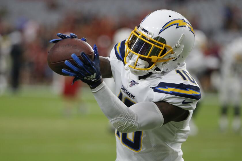 Los Angeles Chargers wide receiver Artavis Scott (10) during the first half of an NFL preseason football game against the Arizona Cardinals, Thursday, Aug. 8, 2019, in Glendale, Ariz. (AP Photo/Rick Scuteri)