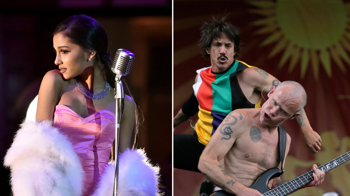 Ariana Grande, left, performs at the 2016 MTV Movie Awards on April 9. Right: the Red Hot Chili Peppers perform at the New Orleans Jazz Fest on April 24.