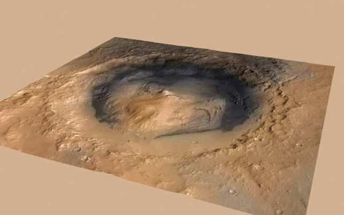 This image provided by NASA shows the Gale Crater landing site for the Curiosity rover, taken by the Mars Reconnaissance Orbiter.