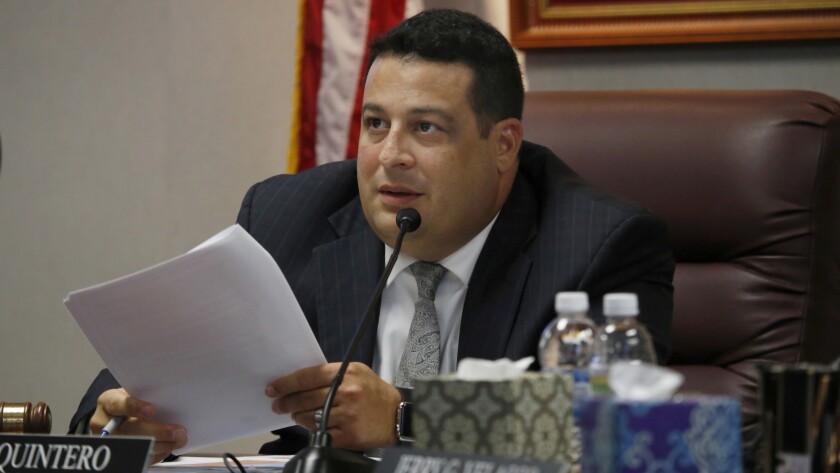 El Monte Mayor Andre Quintero, shown during a Jan. 10 City Council meeting, says he "cannot condone or justify" bonus pensions paid to some retired city employees.
