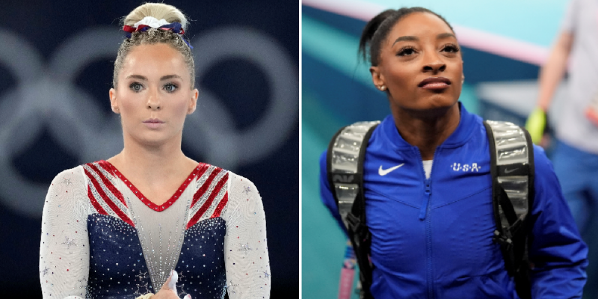 A split image of MyKayla Skinner, left, at the Tokyo Olympics in 2021, and Simone Biles at the 2024 Paris Games