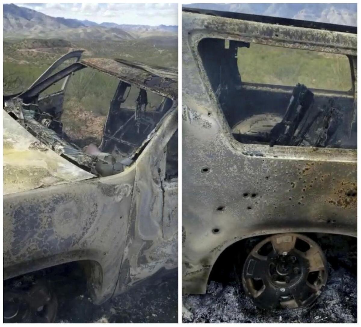 Imágenes de un video de Kenny Miller publicado en la cuenta de Twitter de Alex LeBarón de un vehículo calcinado en el que iban algunos miembros de la familia LeBarón, cerca de la frontera entre los estados fronterizos de Sonora y Chihuahua en México.