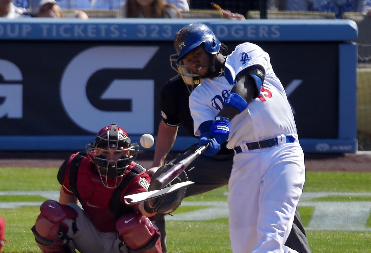 Hanley Ramirez, shown against the Arizona Diamondbacks on April 20, left the Dodgers' game against Colorado on Saturday night with a right thumb injury.