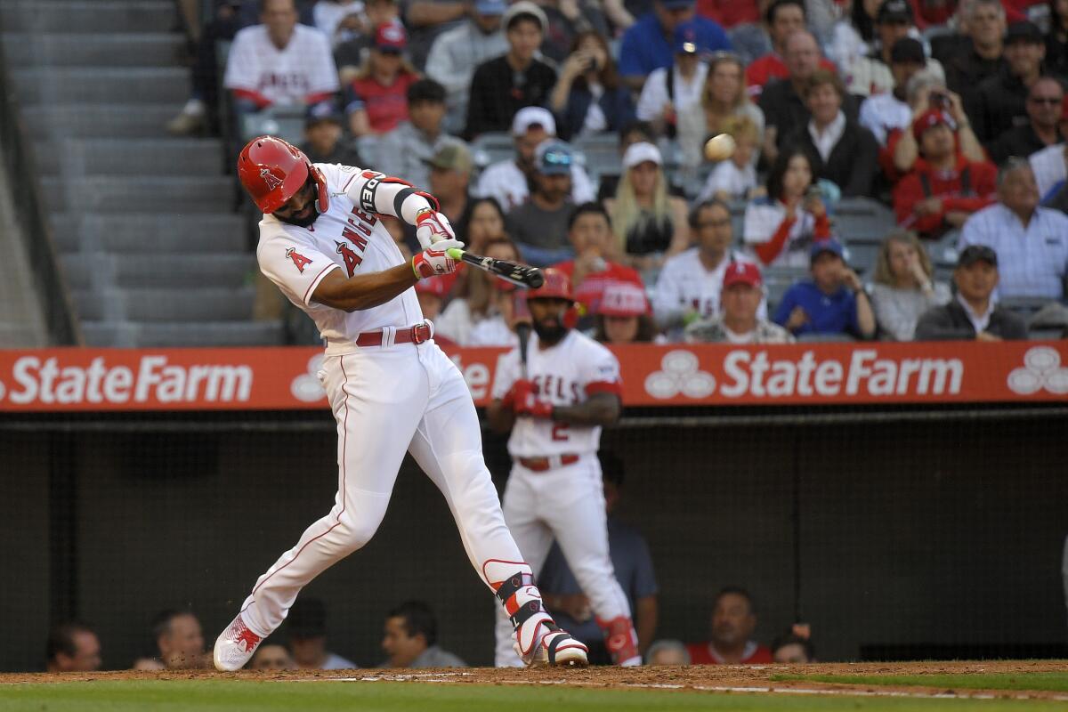 Angels' Jo Adell hits a home run against the Chicago Cubs pn June 8, 2023, in Anaheim.