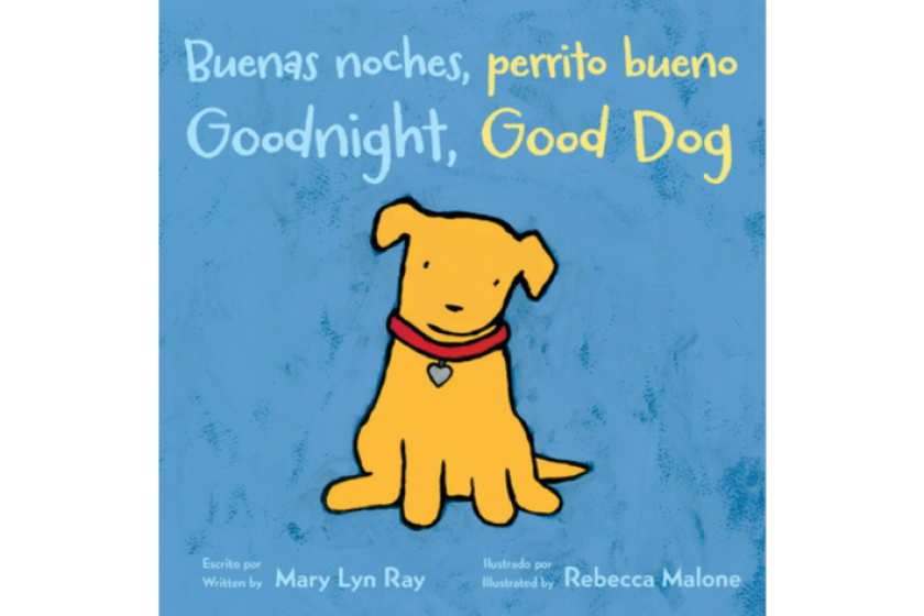 Goodnight, Good dog is a picture book. A yellow dog with a red collar sits in front of a blue background.