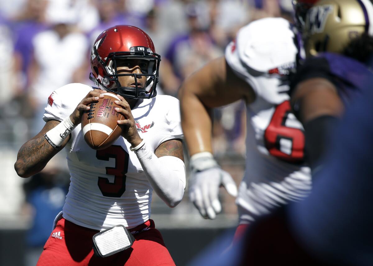 Eastern Washington quarterback Vernon Adams Jr. looks to throw against Washington in 2014.