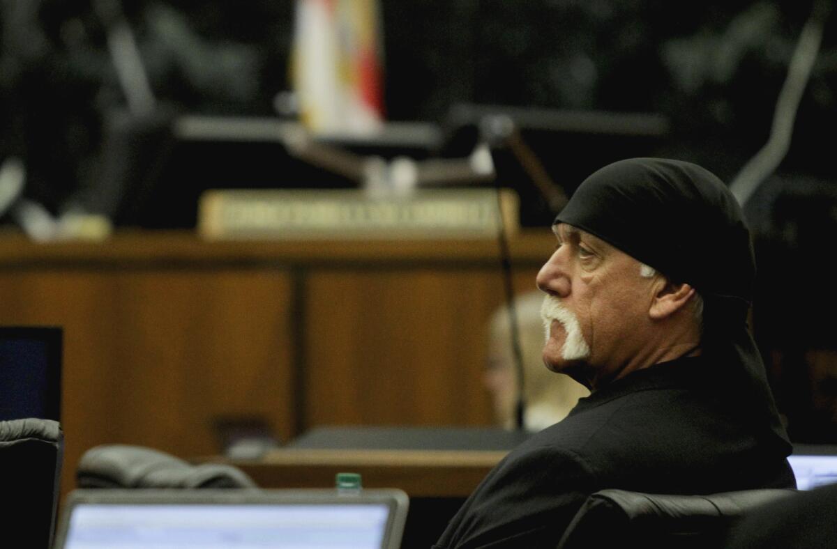 Hulk Hogan sits in court before the start of his trial Thursday, March 17, 2016, in St. Petersburg, Fla.