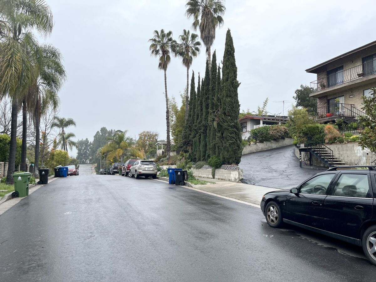 Highland Park'ta bir sokakta arabalar ve çöp kutuları var