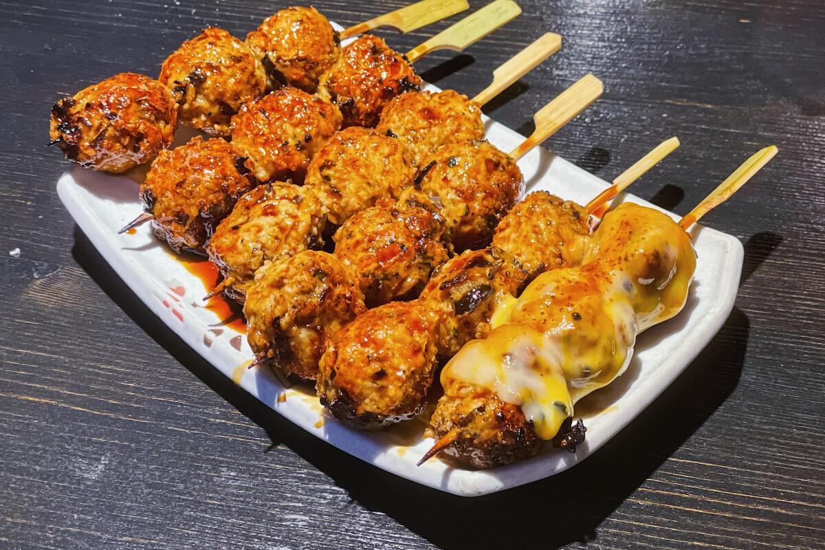 A platter of tsukune yakitori, or chicken meatballs on skewers, from Torihei in Torrance.