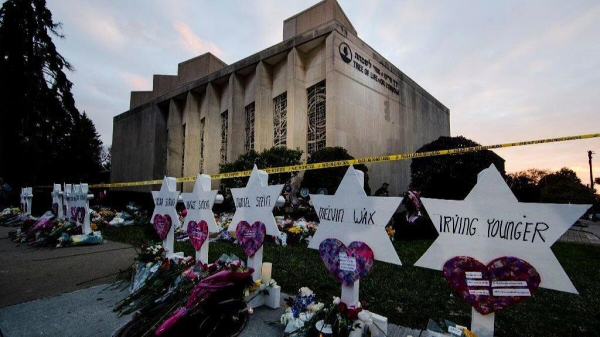A makeshift memorial stands outside the Tree of Life synagogue in Pittsburgh on Monday.