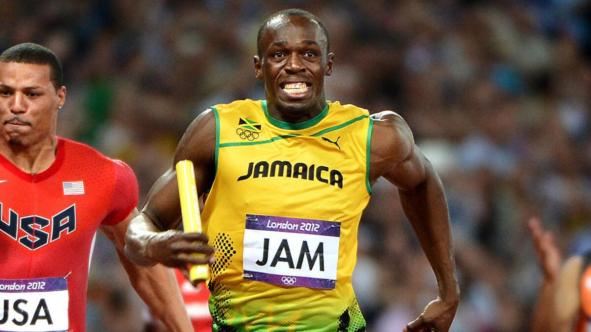 Jamaica's Usain Bolt pulls away to win the 4X100 relay at the 2012 London Olympics.