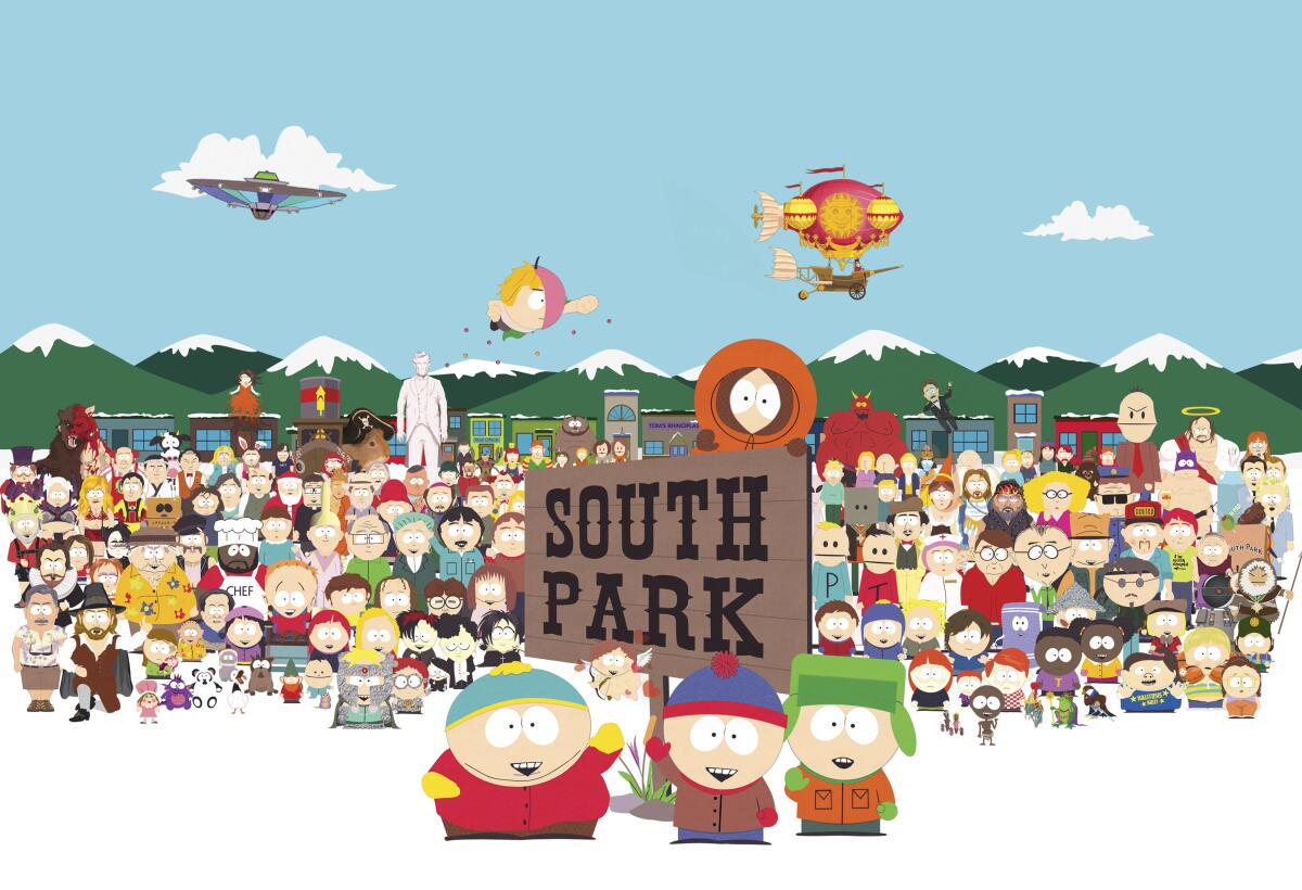 This image released by Comedy Central shows the cast of the animated series, "South Park." For 25 years, "South Park" has viewed the world through the eyes of Stan, Kyle, Kenny and Cartman, four bratty, perpetually bundled-up youngsters in an unhinged Colorado cartoon town. To celebrate their silver anniversary this year, a concert in Colorado sings the show's songs. (Comedy Central via AP)