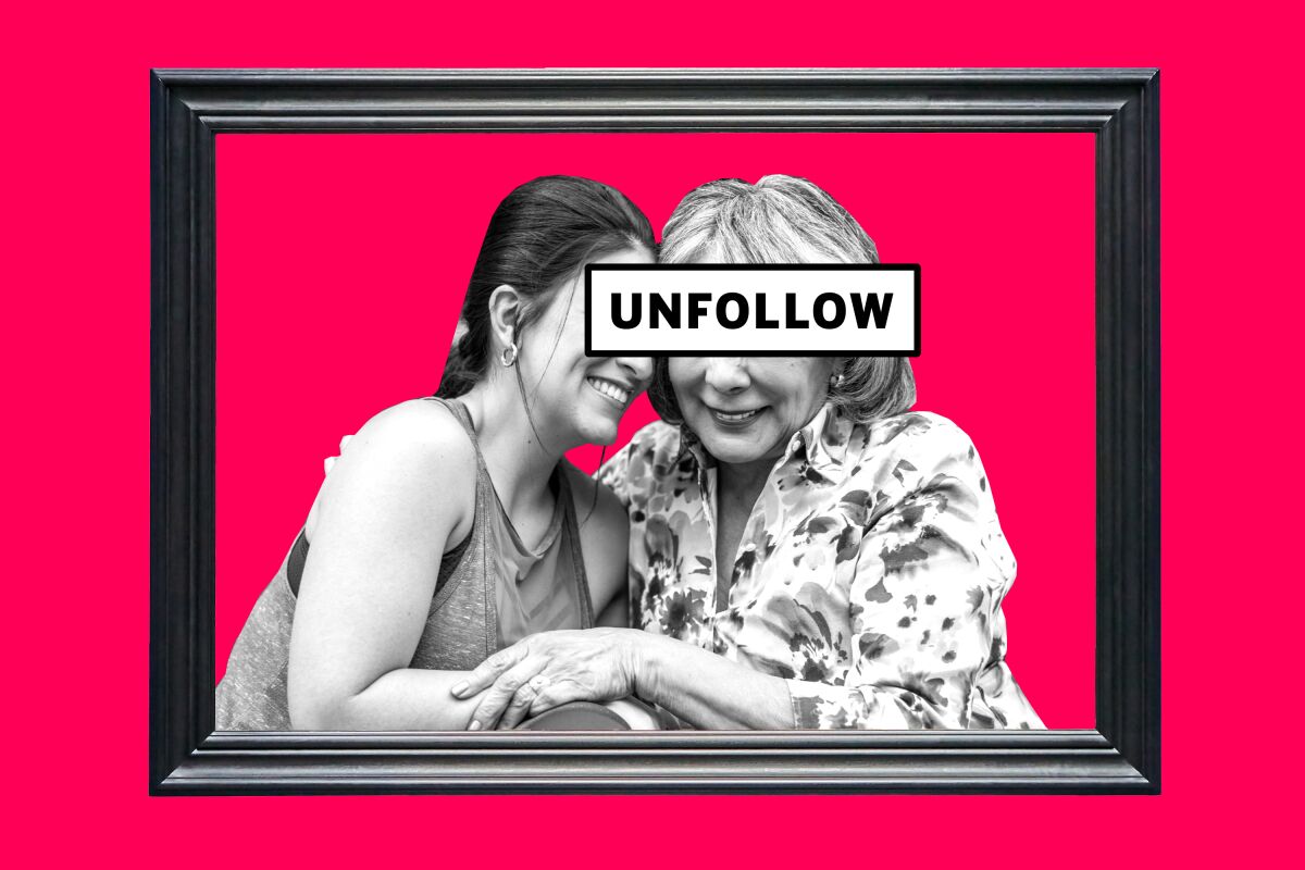 Two women embrace, with a box with the word "unfollow" covering their eyes
