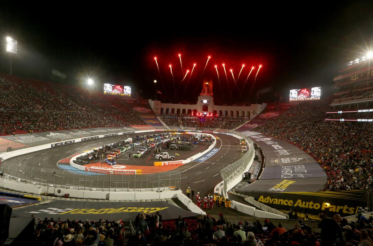 Fireworks light up the night sky during the NASCAR Busch Light Clash at the Coliseum on Feb. 5, 2023.