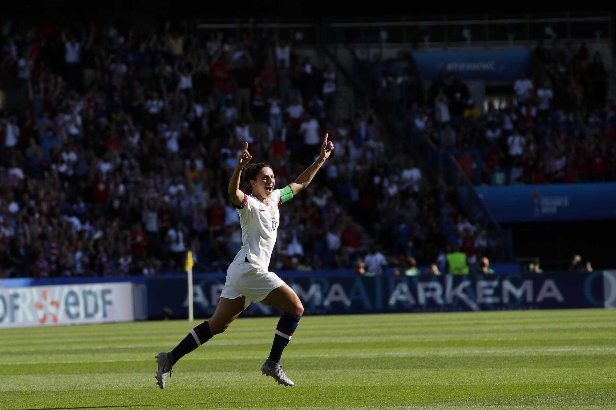 The United States' Carli Lloyd celebrates after scoring during a 2019 World Cup match. 