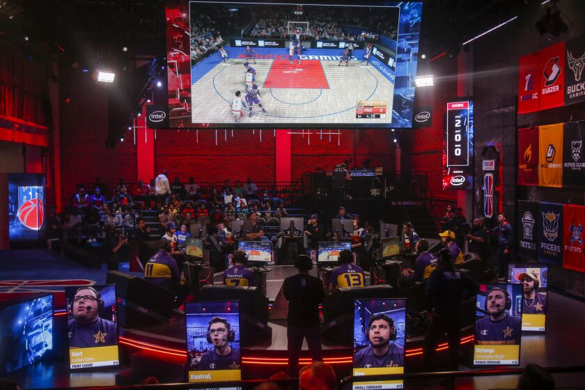 Members of the Lakers Gaming team play against Kicks Gaming in the NBA 2K League Studio on Wednesday, June 5, 2019. Lakers Gaming lost their first game to Knicks Gaming 57-66, but won their second game against the Hawks Talon GC 54-48. Nkki Boliaux/ for the Los Angeles Times