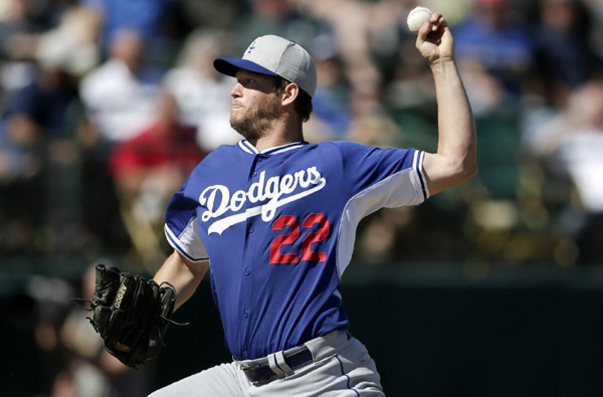 Dodgers pitcher Clayton Kershaw lowered his spring earned-run average to 10.00 by giving up two runs in five innings on Sunday to the Giants.