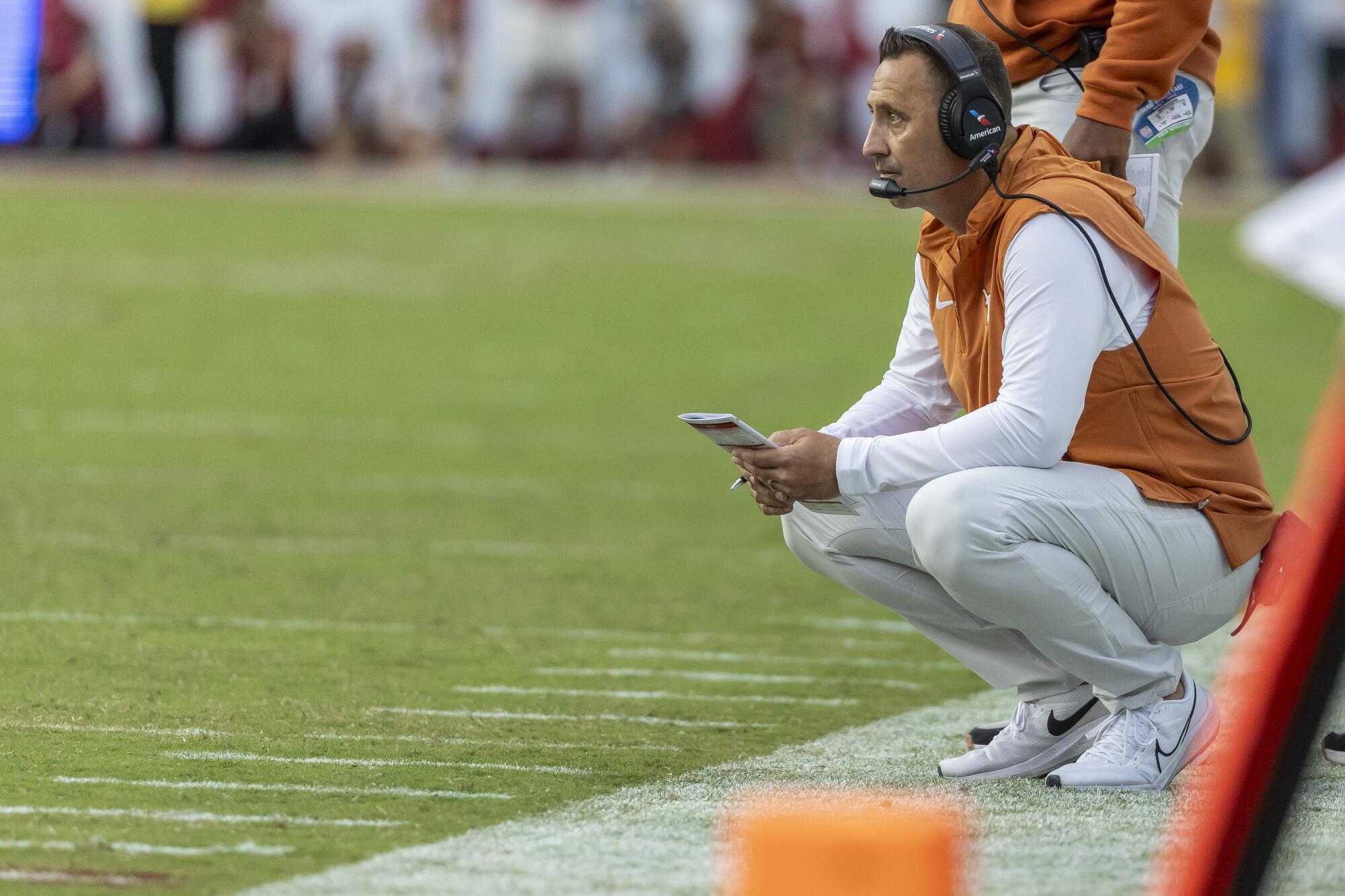 Texas coach Steve Sarkisian watches from the sideline during a win over Alabama on Saturday.