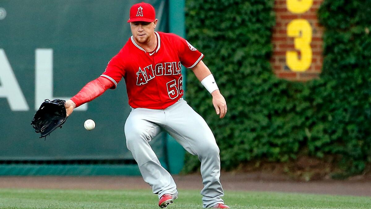 Angels right fielder Kole Calhoun chases down a bloop single while playing against the Cubs on Thursday.