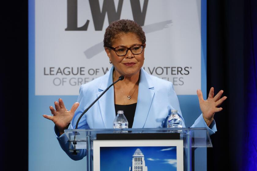 U.S. Rep. Karen Bass addresses during a mayoral debate at Student Union Theater on the Cal State LA campus on May 1, 2022. (Photo by Ringo Chiu / For The Times)