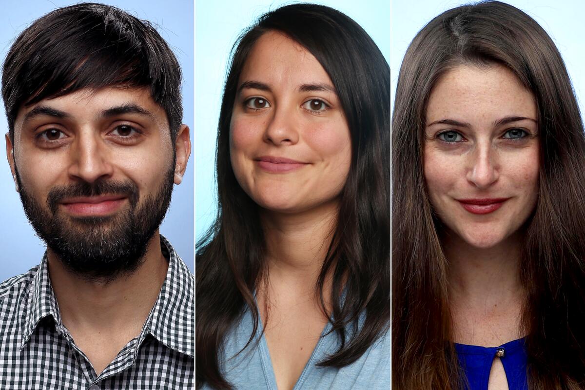 Portraits of Jaweed Kaleem, Brittny Mejia and Colleen Shalby.