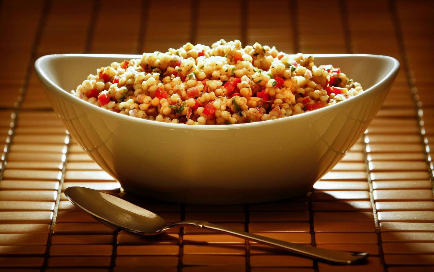 The Israeli couscous is mixed with herbs, lemon and Moroccan spices.