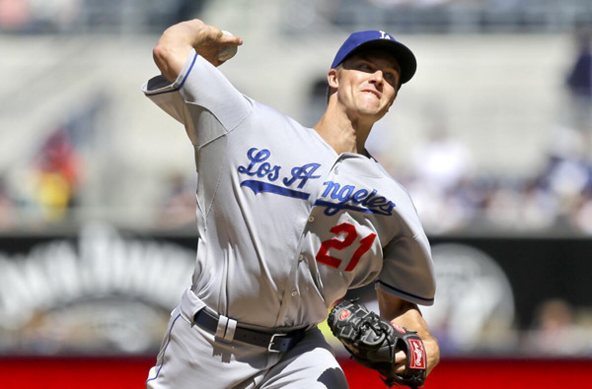 Dodgers starting pitcher Zack Greinke gave up only two hits in five innings against the Padres on Sunday.