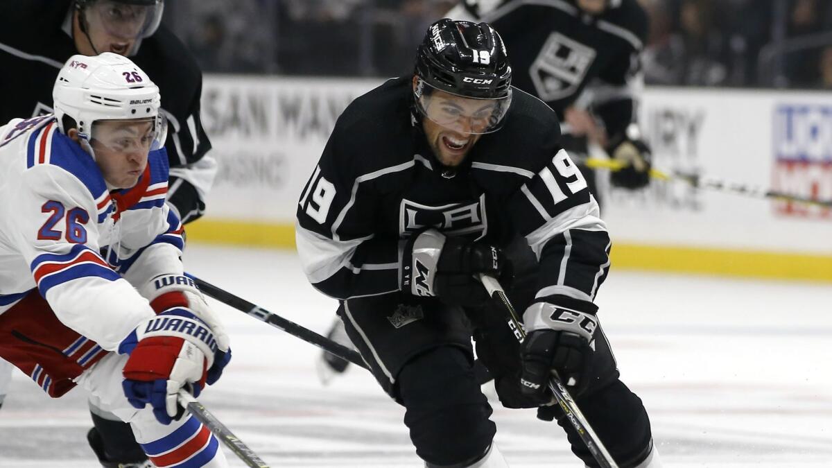 Kings left wing Alex Iafallo controls the puck during a game against the New York Rangers on Oct. 28.
