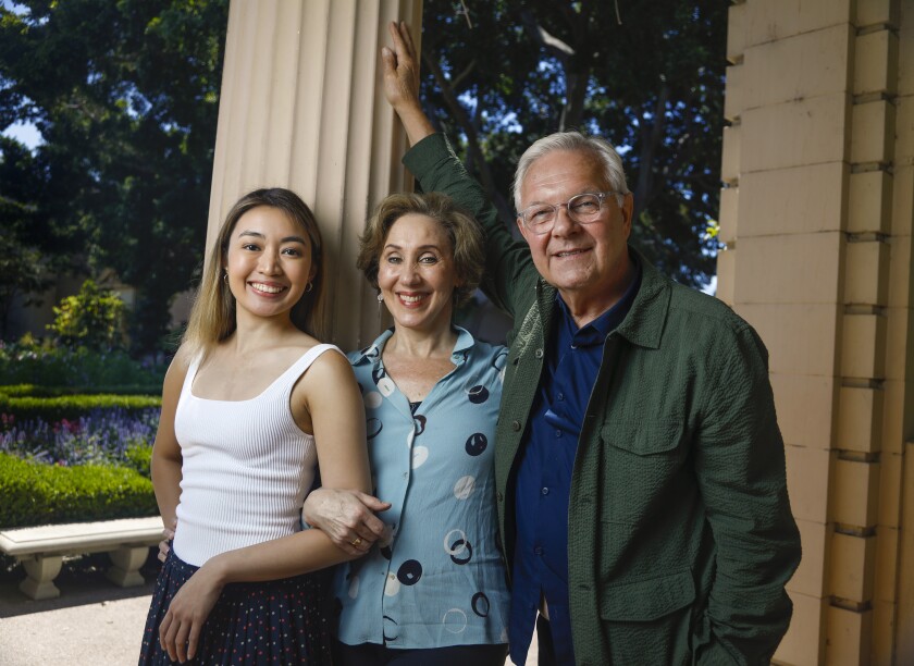 Cast members Regina De Vera and Joanna Glushak with director Walter Bobbie (from left), photographed during a break from rehearsals for the Old Globe Theatre production of Steve Martin's "The Underpants."