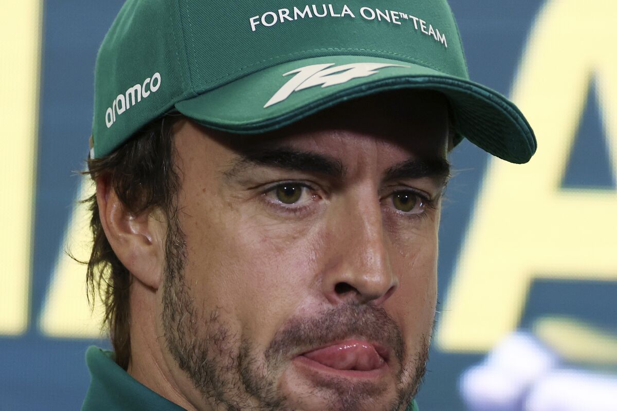 Aston Martin driver Fernando Alonso of Spain attends a press conference ahead of the Australian Formula One Grand Prix at Albert Park in Melbourne, Thursday, March 30, 2023. (AP Photo/Asanka Brendon Ratnayake)