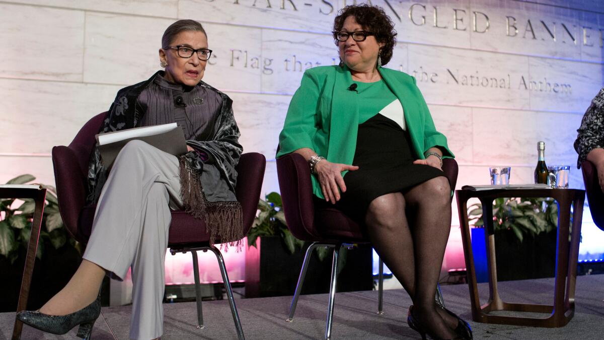 Supreme Court Justices Ruth Bader Ginsburg and Sonia Sotomayor speak at an event at the Smithsonian Museum of American History in Washington on June 1.