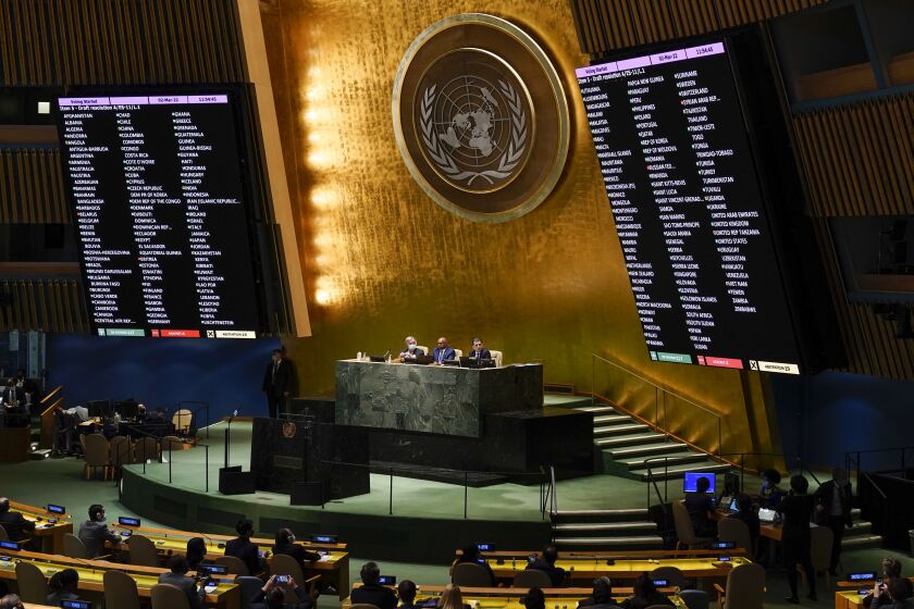 United Nations members vote on a resolution concerning the Ukraine during an emergency meeting of the General Assembly at United Nations headquarters, Wednesday, March 2, 2022. (AP Photo/Seth Wenig)