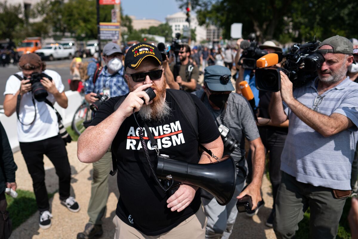 A protester with a megaphone