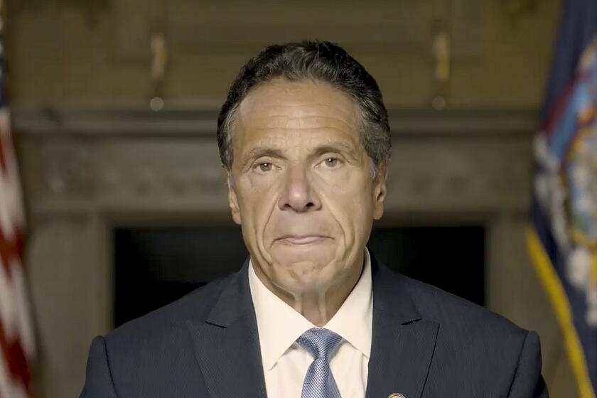 In this image taken video provided by Office of the NY Governor, New York Gov. Andrew Cuomo makes a statement on a pre-recorded video released, Tuesday, Aug. 3, 2021, in New York. An investigation into New York Gov. Andrew Cuomo has found that he sexually harassed multiple current and former state government employees. State Attorney General Letitia James announced the findings Tuesday. (Office of the NY Governor via AP )