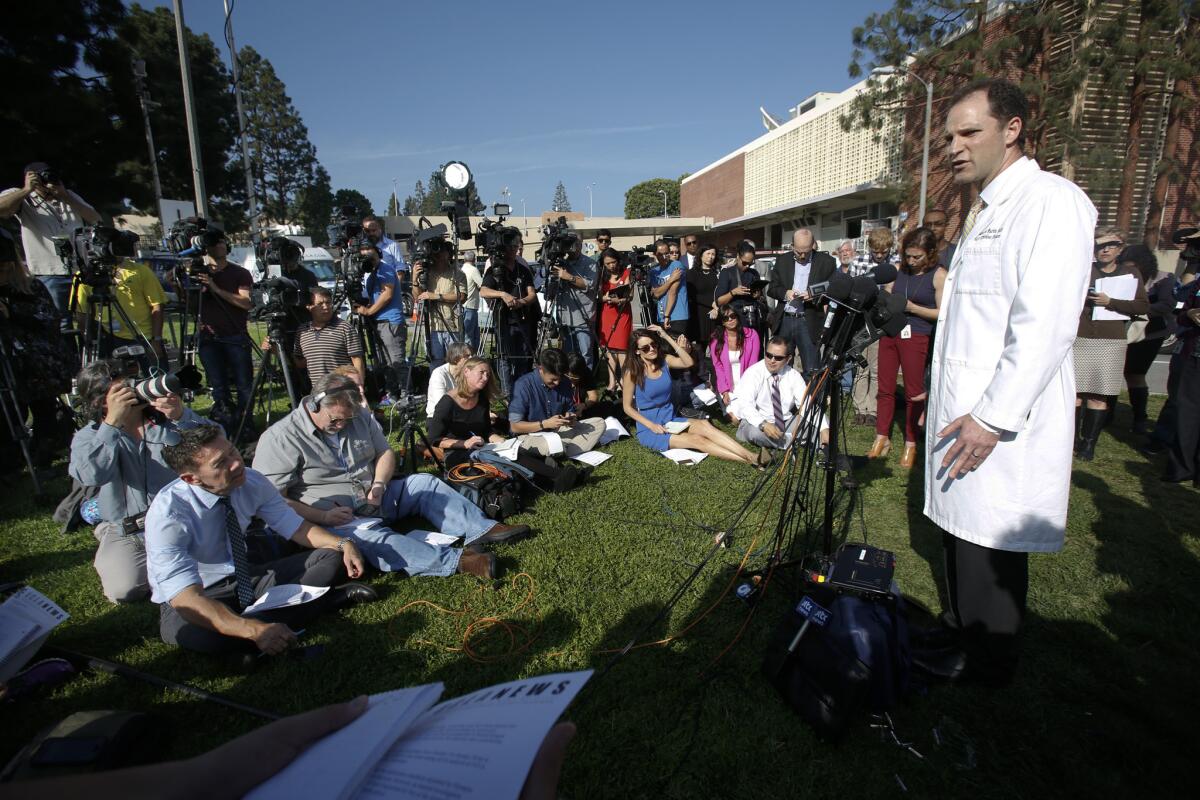 Dr. Zachary Rubin, medical director of clinical epidemiology and infection prevention, speaks at a Feb. 19, 2015, press conference outside Ronald Reagan UCLA Medical Center to address concerns about patients infected by bacteria after treatment with a medical scope.