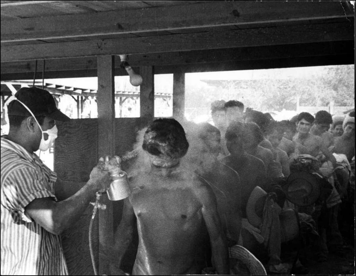 Bracero workers, hired for seasonal farm work, are sprayed with DDT after crossing the U.S.-Mexico border in 1956. (Smithsonian Institution)