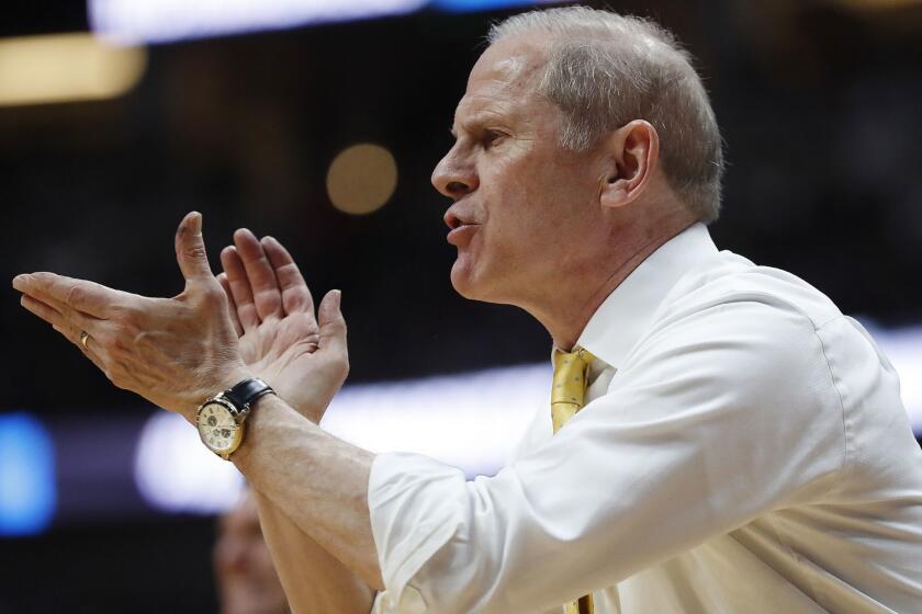 ANAHEIM, CALIFORNIA - MARCH 28: Head coach John Beilein of the Michigan Wolverines reacts during the 2019 NCAA Men's Basketball Tournament West Regional game against the Texas Tech Red Raiders at Honda Center on March 28, 2019 in Anaheim, California. (Photo by Sean M. Haffey/Getty Images) ** OUTS - ELSENT, FPG, CM - OUTS * NM, PH, VA if sourced by CT, LA or MoD **