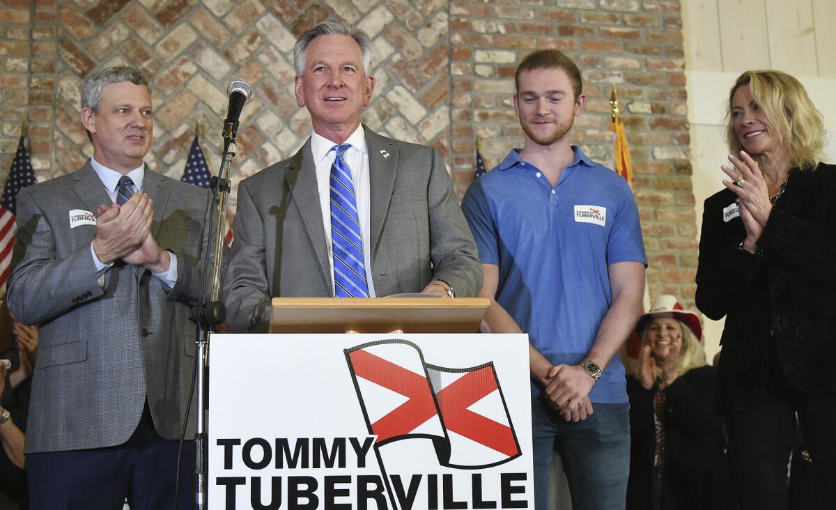 Alabama U.S. Senate candidate Tommy Tuberville speaks to supporters Monday in Notasulga, Ala.