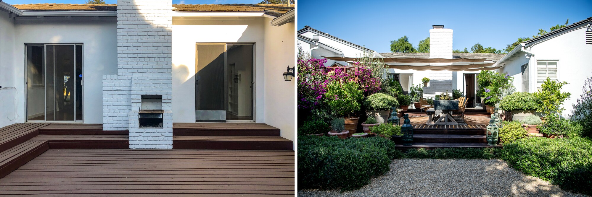 A bare wood deck, before renovation, and surrounded by plants after.