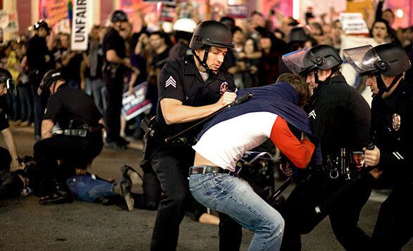 Police arrest protesters during a West Hollywood rally against Proposition 8.