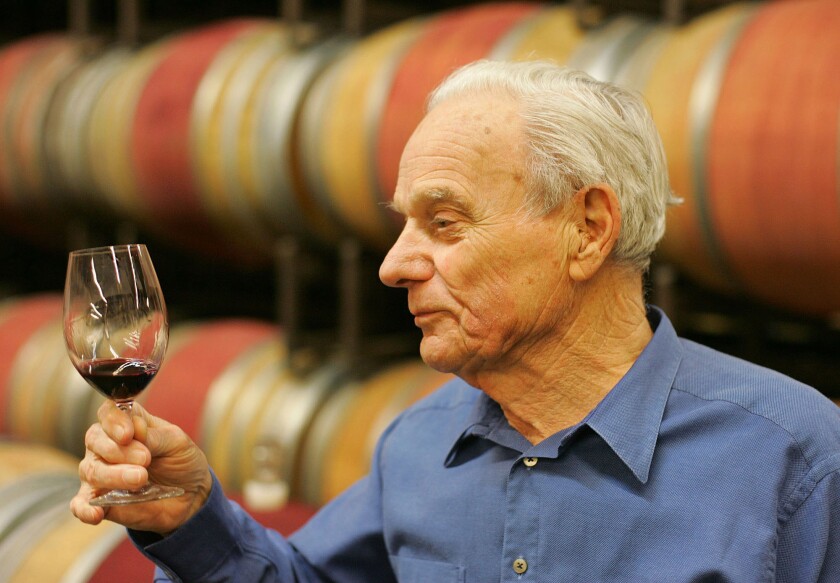 Peter Mondavi samples a glass of Cabernet Sauvignon out of the barrel at the Charles Krug Winery in St. Helena.