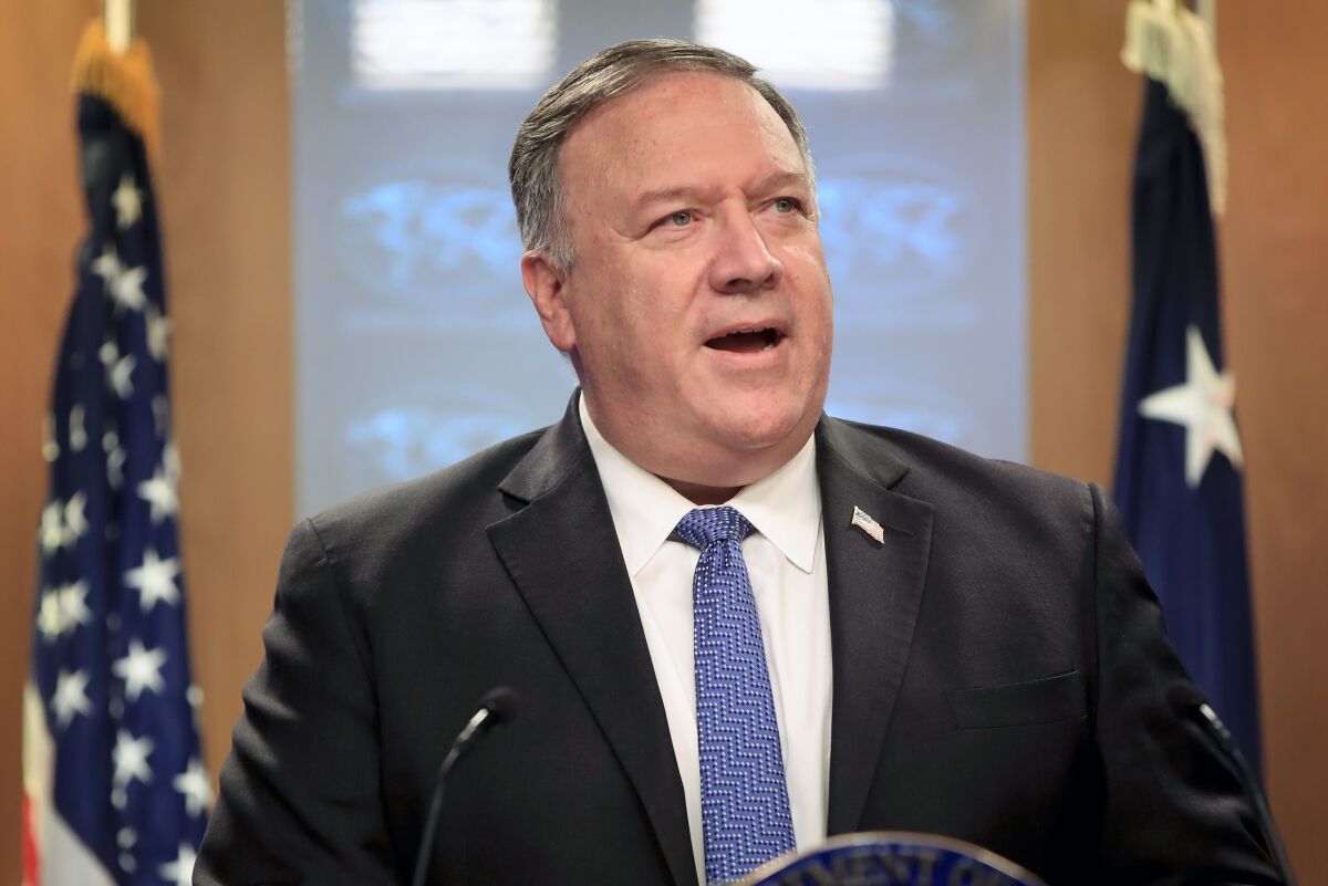 Secretary of State Mike Pompeo speaks during a news conference at the State Department in Washington, Wednesday, Aug. 5, 2020. (AP Photo/Pablo Martinez Monsivais, Pool)