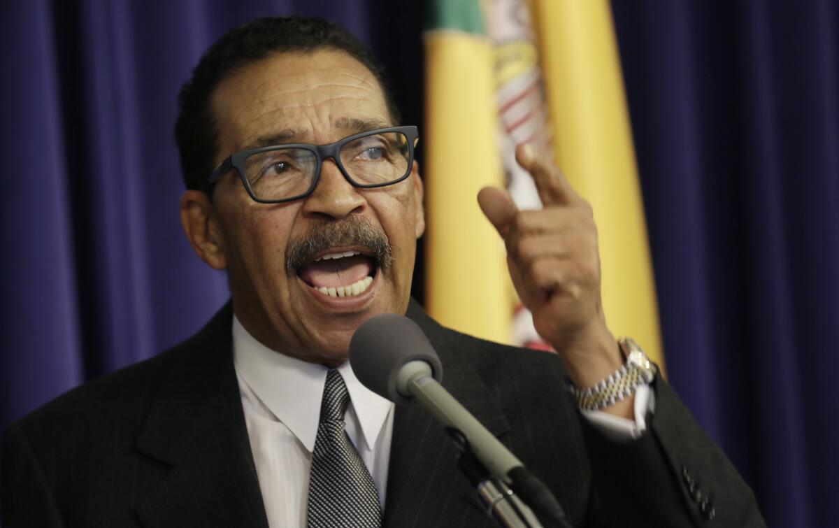 Los Angeles City Council President Herb Wesson discusses the speaker card submitted May 11 by Wayne Spindler, a council critic and Encino attorney.