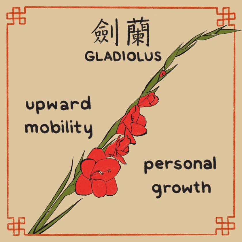 Illustration of a stalk of red Gladiolus flowers with the words "upward mobility, personal growth"