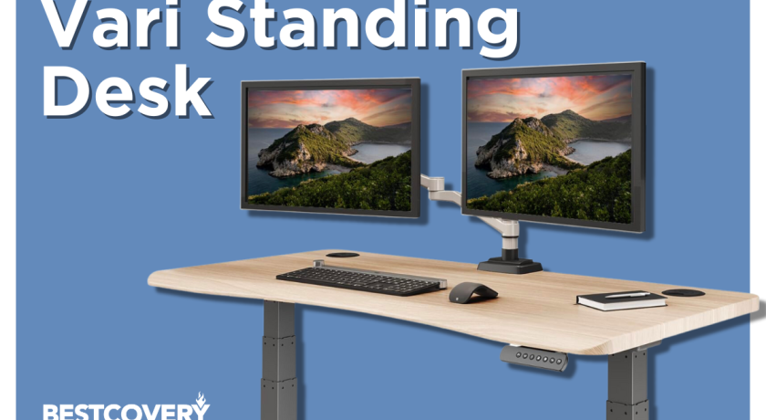 Vari Ergo Electric Standing Desk with two monitors and peripherals