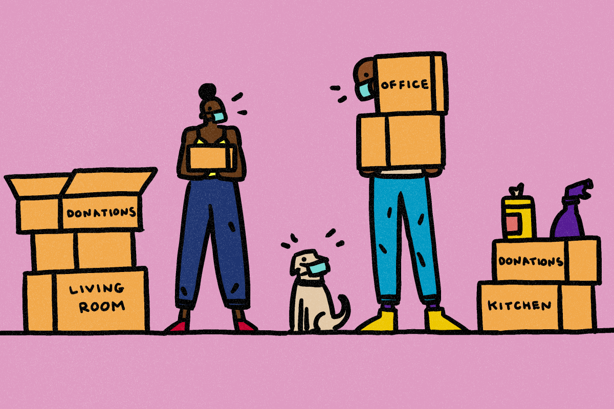 Illustration of a health-conscious couple and their dog wearing masks, surrounded by moving boxes.