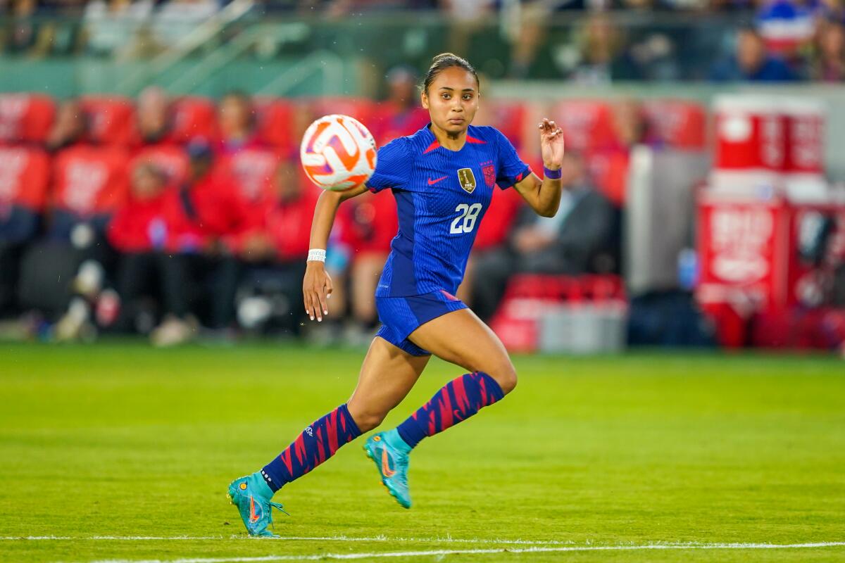 Alyssa Thompson chases after the ball during a game between the United States and Ireland in April. 